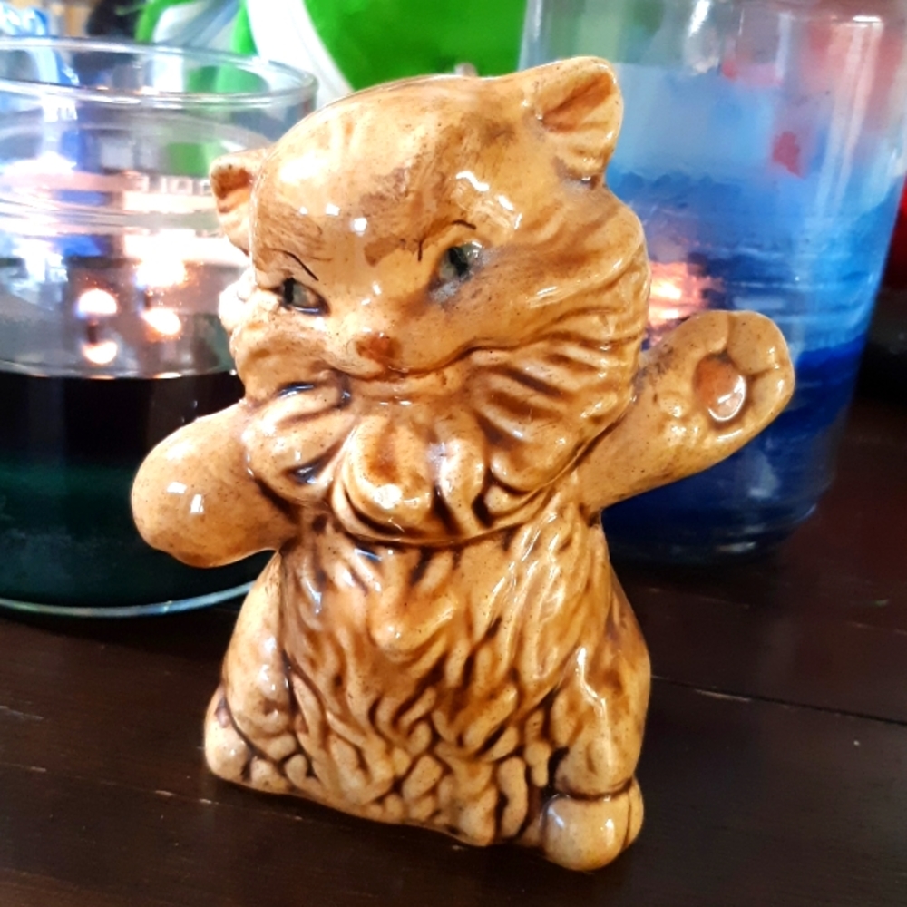 Ceramic Porcelain Long hair Kitt cat Figurine Handmade artisan